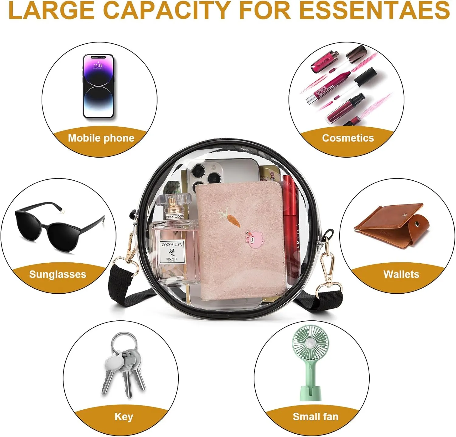Clear Crossbody Bag, Stadium-Approved PVC Clear Purse, Transparent Messenger Bag for Men and Women