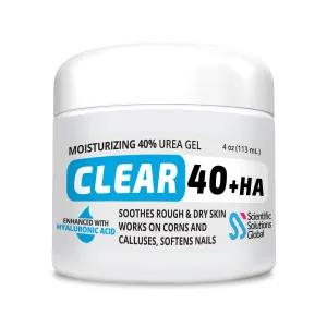 CLEAR Urea Cream 40%   1% Hyaluronic Acid (4oz) | Softens Cracked Heels & Dry Skin Urea Cream 40 Percent - Infused w Tea Tree & Coconut Oil | Callus & Corn Treatment | Made in USA