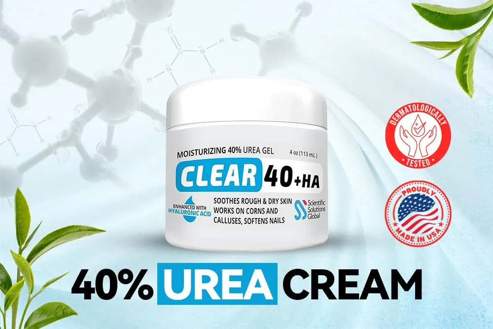 CLEAR Urea Cream 40%   1% Hyaluronic Acid (4oz) | Softens Cracked Heels & Dry Skin Urea Cream 40 Percent - Infused w Tea Tree & Coconut Oil | Callus & Corn Treatment | Made in USA