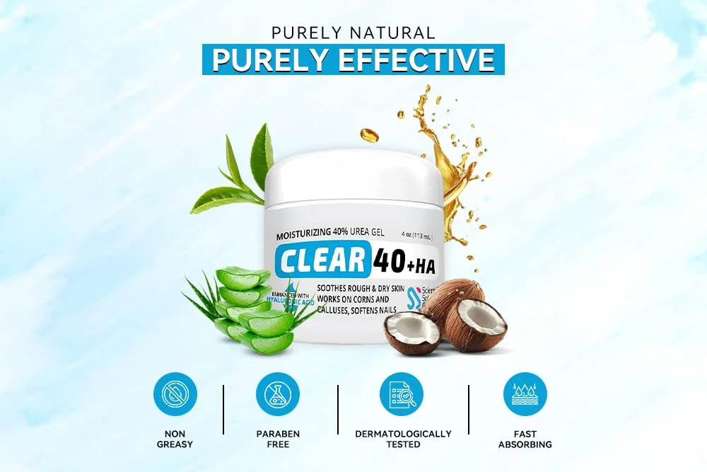 CLEAR Urea Cream 40%   1% Hyaluronic Acid (4oz) | Softens Cracked Heels & Dry Skin Urea Cream 40 Percent - Infused w Tea Tree & Coconut Oil | Callus & Corn Treatment | Made in USA