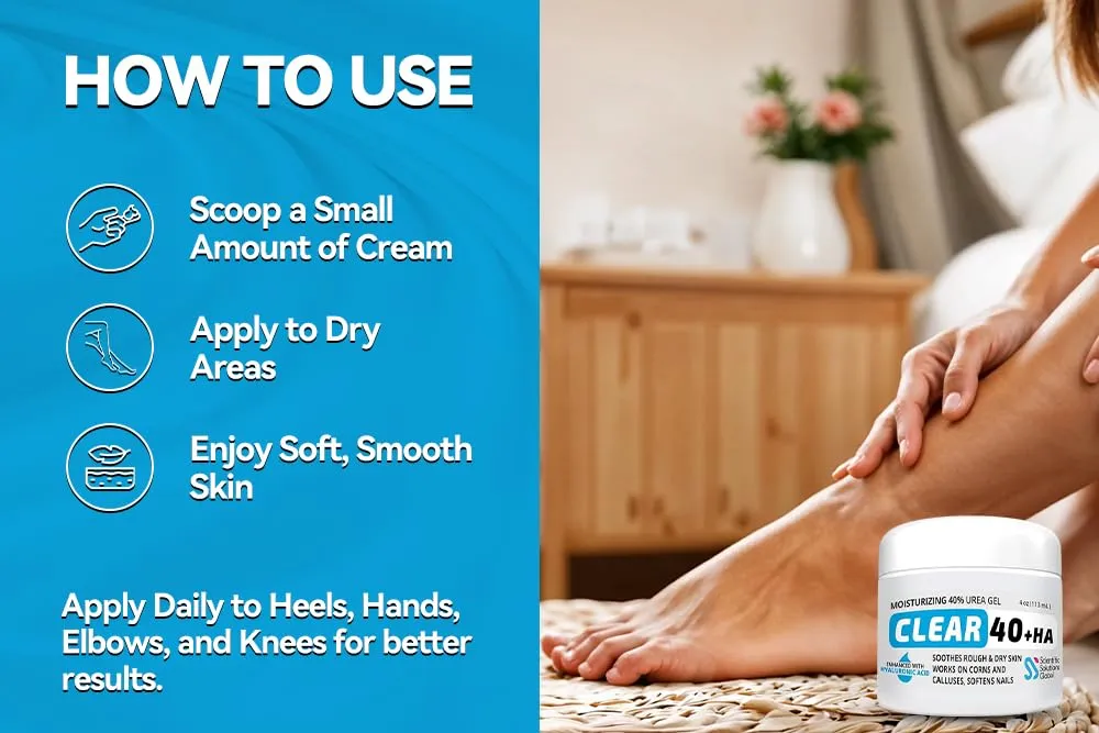CLEAR Urea Cream 40%   1% Hyaluronic Acid (4oz) | Softens Cracked Heels & Dry Skin Urea Cream 40 Percent - Infused w Tea Tree & Coconut Oil | Callus & Corn Treatment | Made in USA