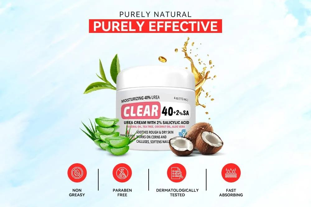 CLEAR Urea Cream 40 Percent Plus 2% Salicylic Acid (4oz) Made in USA | Urea Foot & Hand Cream Softens Cracked Heels & Dry Skin with Tea Tree & Coconut Oil - Callus & Corn Treatment