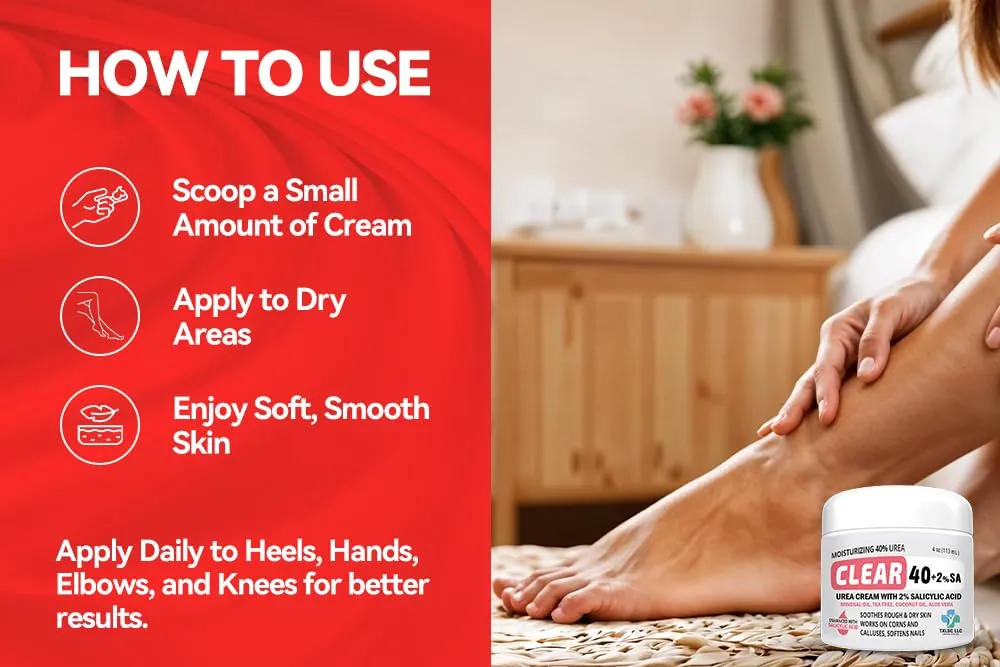 CLEAR Urea Cream 40 Percent Plus 2% Salicylic Acid (4oz) Made in USA | Urea Foot & Hand Cream Softens Cracked Heels & Dry Skin with Tea Tree & Coconut Oil - Callus & Corn Treatment