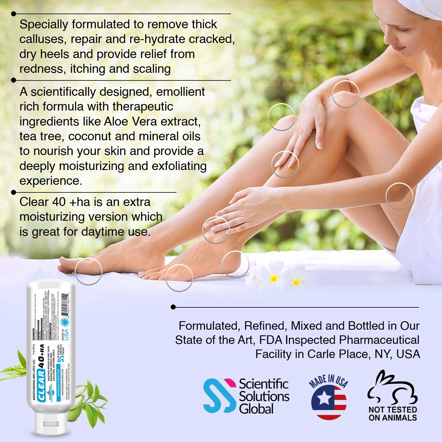 CLEAR 40 HA, 40% Urea Gel, 1% Hyaluronic Acid, 4 oz w/ Tea Tree & Coconut Oil, Aloe Vera, Callus & Corn Remover Softens Cracked Heels, Feet, Elbows, Hands, Nails, Superior hydration to Urea Creams