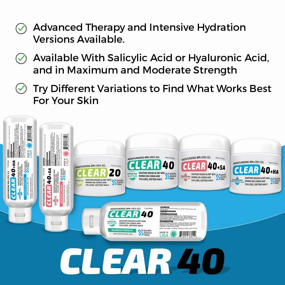 CLEAR 40 HA, 40% Urea Gel, 1% Hyaluronic Acid, 4 oz w/ Tea Tree & Coconut Oil, Aloe Vera, Callus & Corn Remover Softens Cracked Heels, Feet, Elbows, Hands, Nails, Superior hydration to Urea Creams