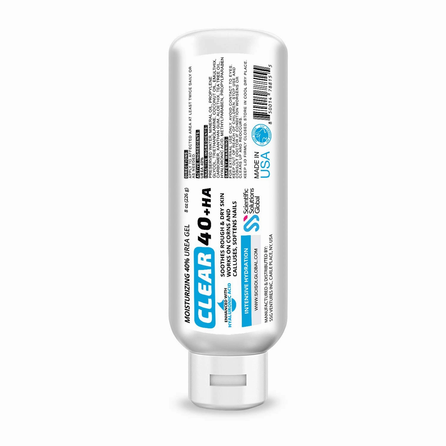 CLEAR 40 HA, 40% Urea Gel, 1% Hyaluronic Acid, 4 oz w/ Tea Tree & Coconut Oil, Aloe Vera, Callus & Corn Remover Softens Cracked Heels, Feet, Elbows, Hands, Nails, Superior hydration to Urea Creams