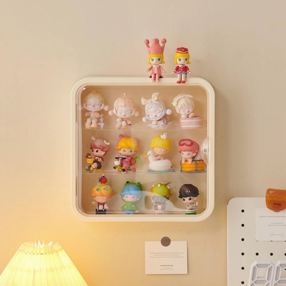 Clear Display Case for Figures, Wall Mounted Acrylic Storage Box, Dust Proof Display Cabinet Organizer for Mini Pop Mart Action Figures Collectibles (Cream)