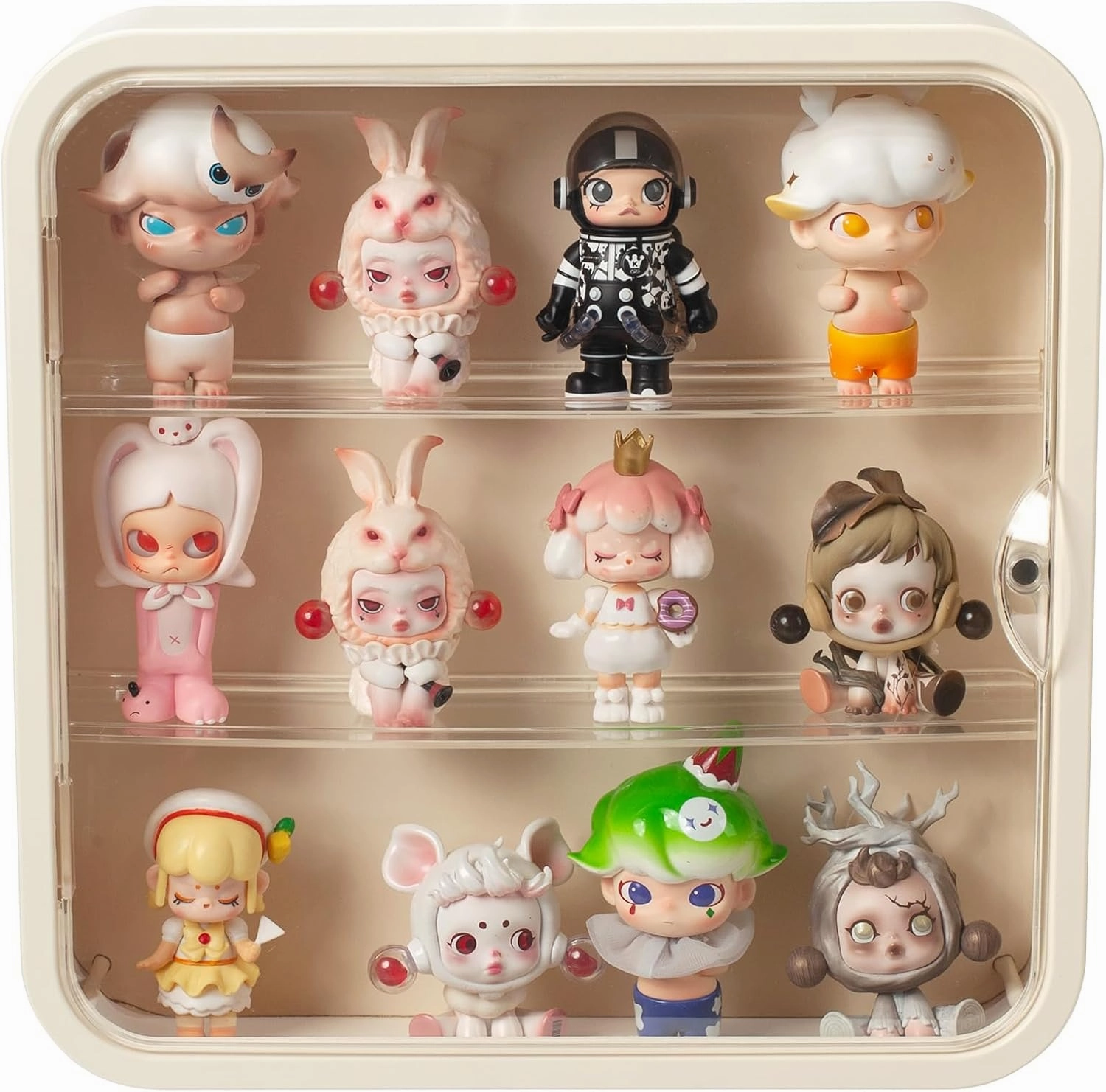 Clear Display Case for Figures, Wall Mounted Clear Display Box, 3 Tiers Adjustable Acrylic Display Box Stand with Magnetic Door for Mini Action Figures Pop Mart Collectibles, Cream