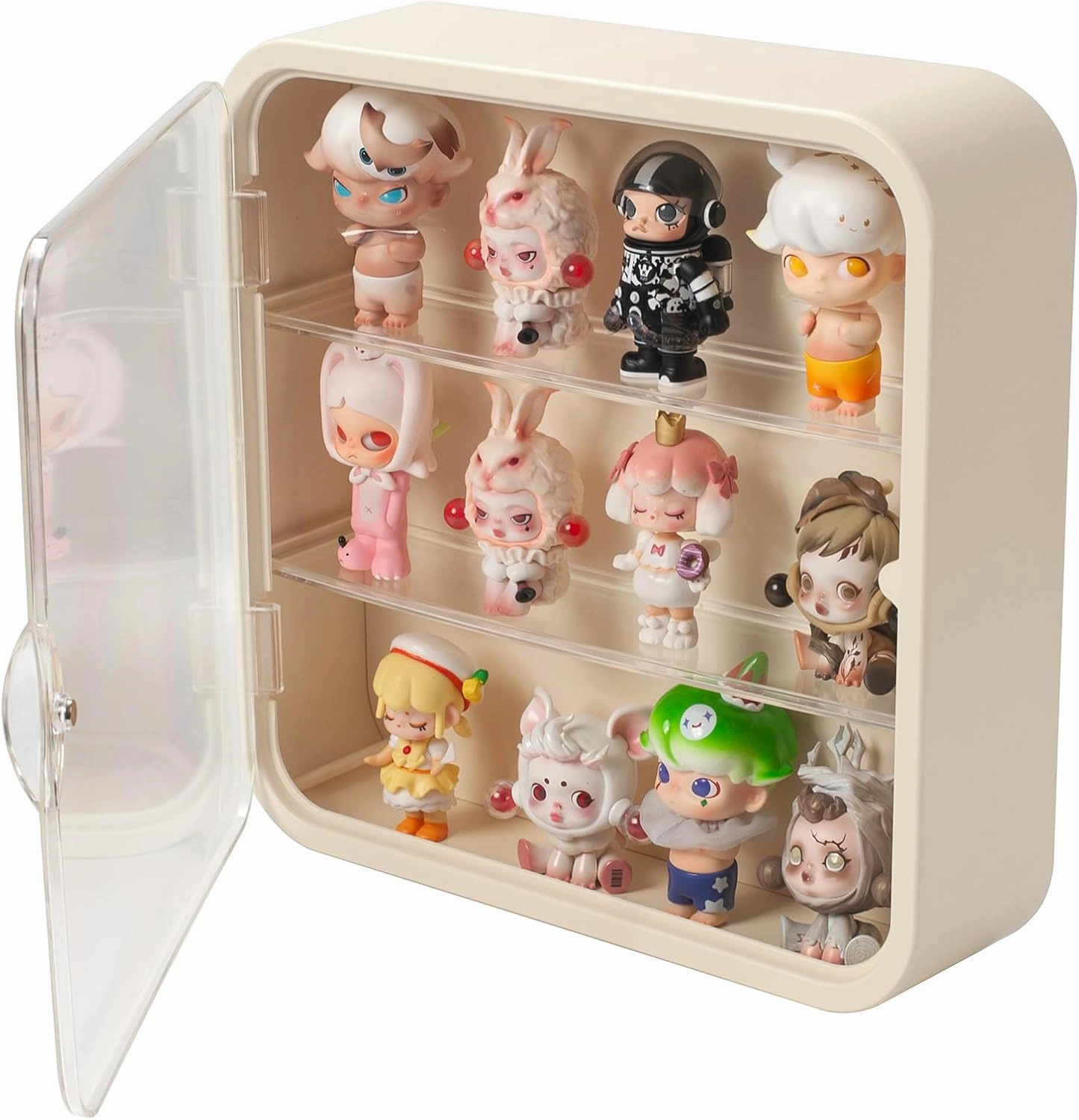 Clear Display Case for Figures, Wall Mounted Clear Display Box, 3 Tiers Adjustable Acrylic Display Box Stand with Magnetic Door for Mini Action Figures Pop Mart Collectibles, Cream
