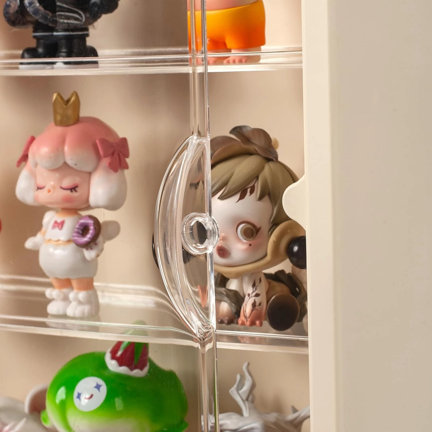 Clear Display Case for Figures, Wall Mounted Clear Display Box, 3 Tiers Adjustable Acrylic Display Box Stand with Magnetic Door for Mini Action Figures Pop Mart Collectibles, Cream
