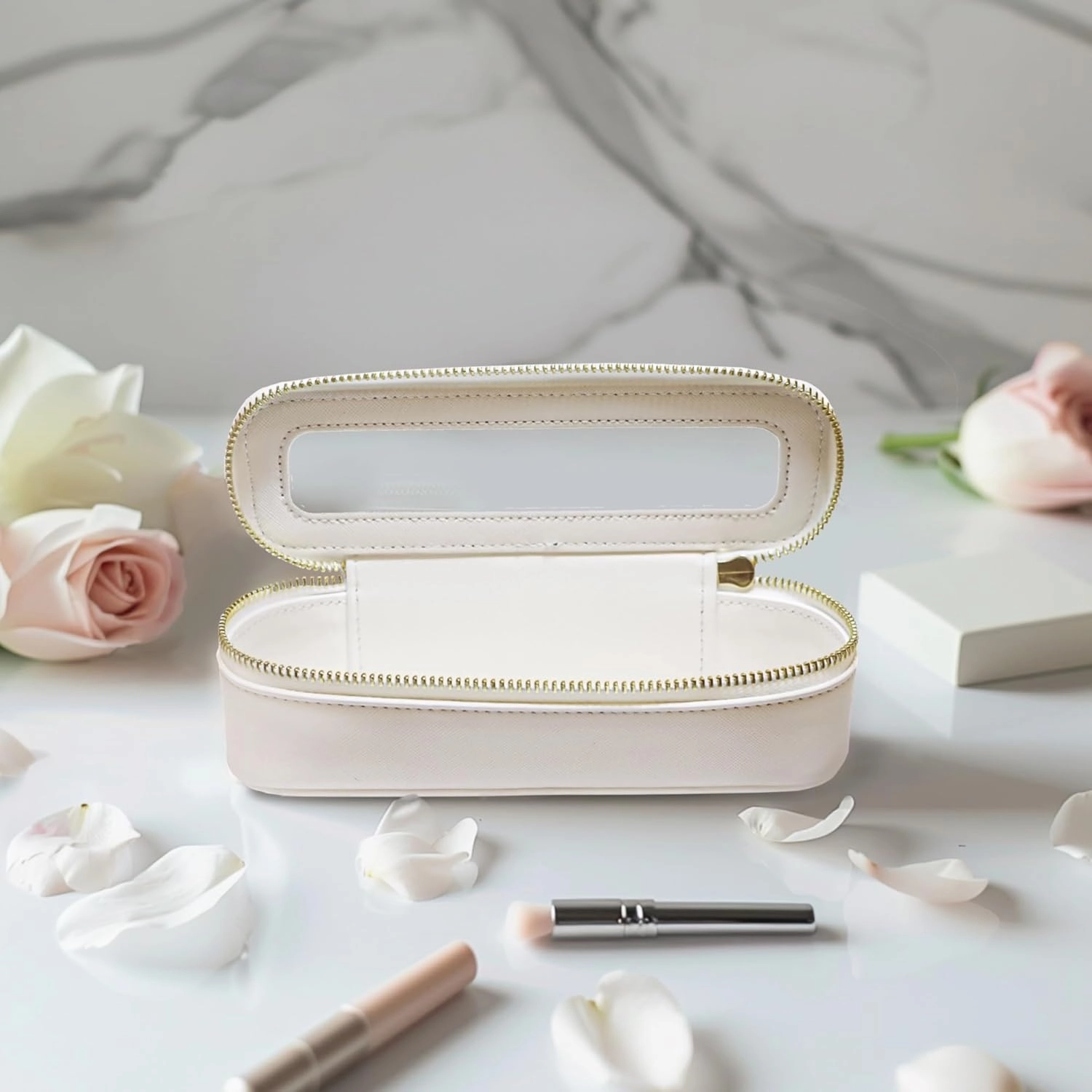 Clear Travel Makeup Pouch, Portable Brush Bag，Toiletry Cosmetics Bag, Waterproof Makeup Bag with Zipper for Women(Cream 5168)