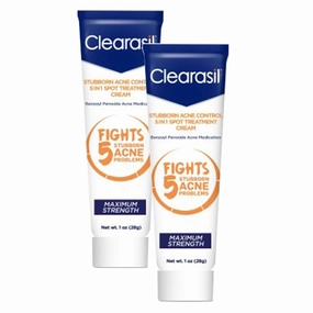 Clearasil Stubborn Acne Control 5 in 1 Spot Treatment Cream, Maximum Strength, Benzoyl Peroxide Acne Medication, 1 oz - Fights Blocked Pores, Pimple Size, Excess Oil, Acne Marks & Blackhe (Pack of 2)