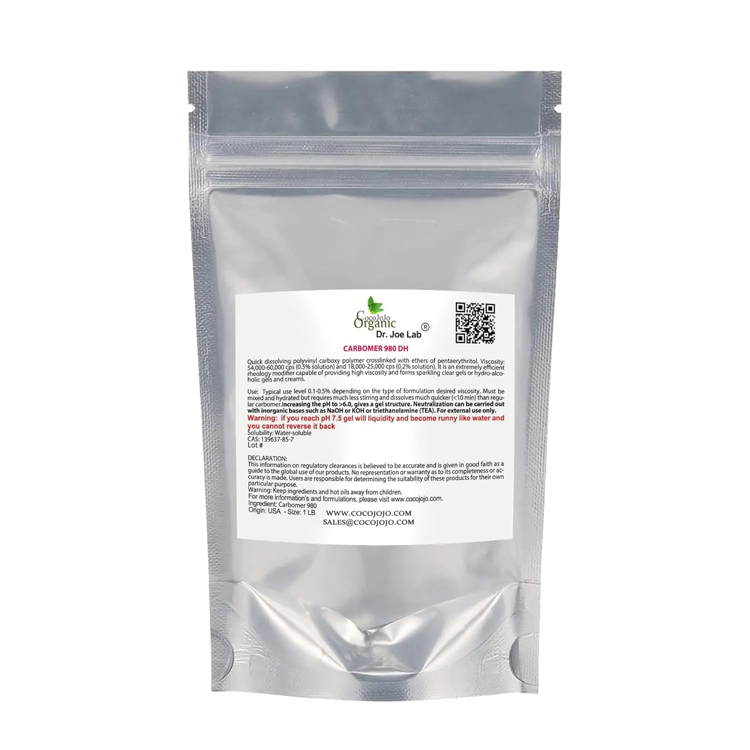 cocojojo - Carbomer 980 / Carbopol 16 oz - 454 gr Cosmetic Ingredient - All Purpose Thickening Agent Cosmetic Formulation Gel Cream Lotion DIY Cosmetics Carbopol Emulsify - Packaging May Vary