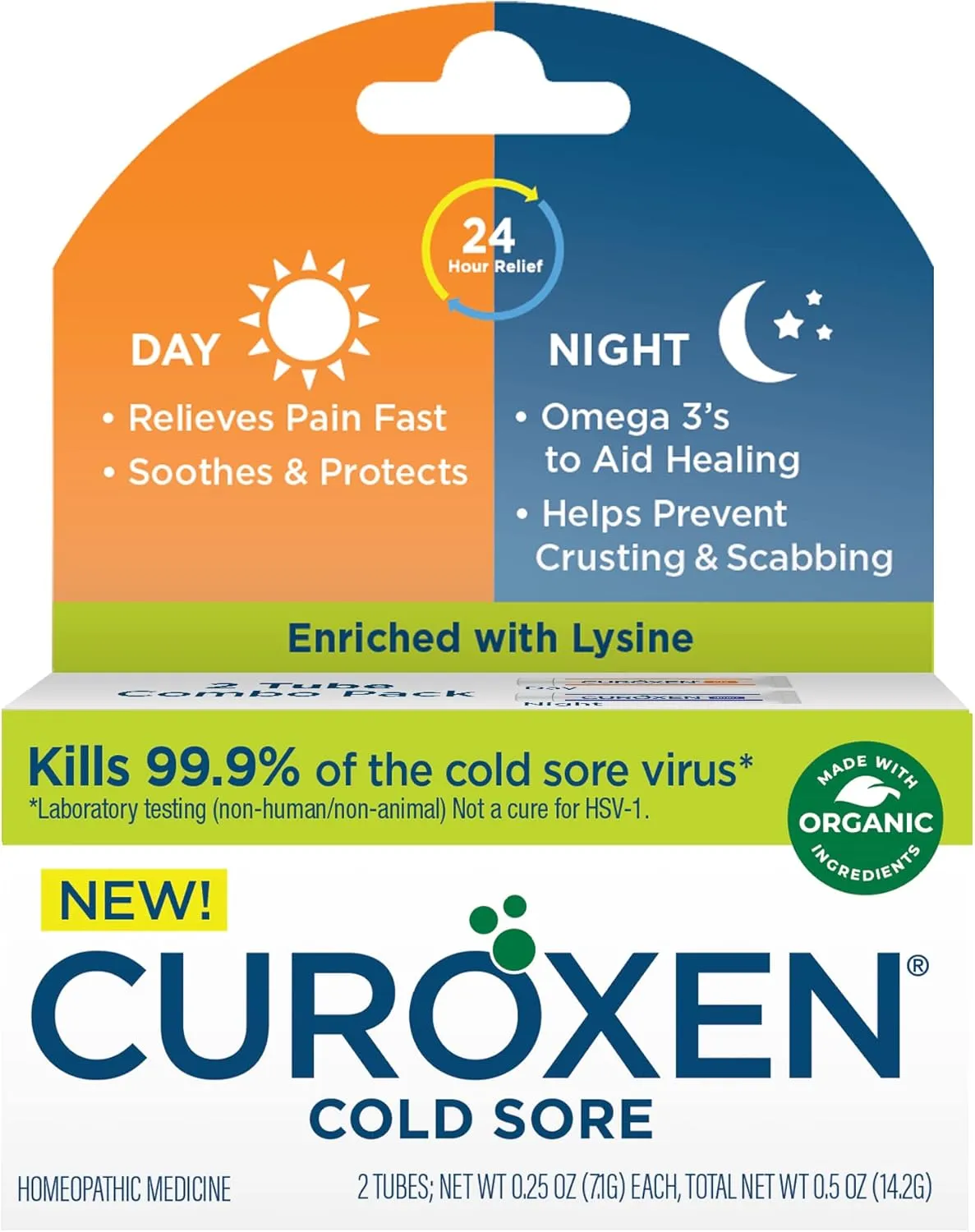 Cold Sore Day & Night Relief Combo Pack, Cold Sore Ointment Day and Night Use, All Day Cold Sore Relief with All-Natural & Organic Ingredients, Enriched with Lysine - 2 Tubes, 0.25 oz Each