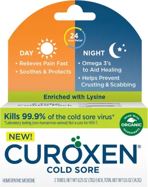 Cold Sore Day & Night Relief Combo Pack, Cold Sore Ointment Day and Night Use, All Day Cold Sore Relief with All-Natural & Organic Ingredients, Enriched with Lysine - 2 Tubes, 0.25 oz Each