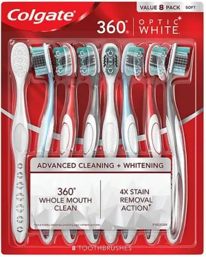 Colgate 360 Whole Mouth Clean Optic White, Advanced Cleaning   Whitening Soft Charcoal Infused Spiral Bristles - 8 Toothbrushes