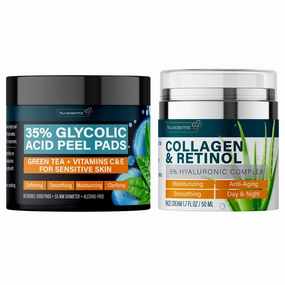 Collagen and Retinol Cream & 35% Glycolic Acid Pads - Face Moisturizer - Night & Day Cream - Anti Aging & Anti Wrinkle Lotion - Exfoliating Facial Peel Wipes - 60 Double-Side Pads