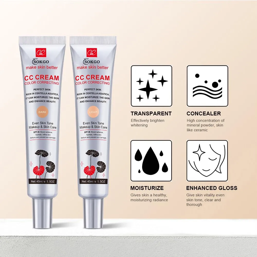 Color Correcting CC Cream with SPF 25, Coverage Lightweight Foundation, Hydrating Serum, Even Skin Tone Makeup and Skin Care, Boost Radiance, Refine Skin Texture, Avoid Sun Damage (2PCS Dark, Large)