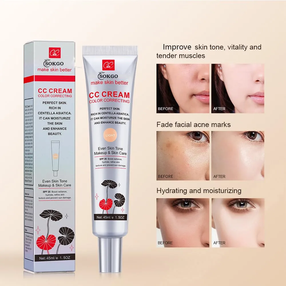 Color Correcting CC Cream with SPF 25, Coverage Lightweight Foundation, Hydrating Serum, Even Skin Tone Makeup and Skin Care, Boost Radiance, Refine Skin Texture, Avoid Sun Damage (2PCS Dark, Large)