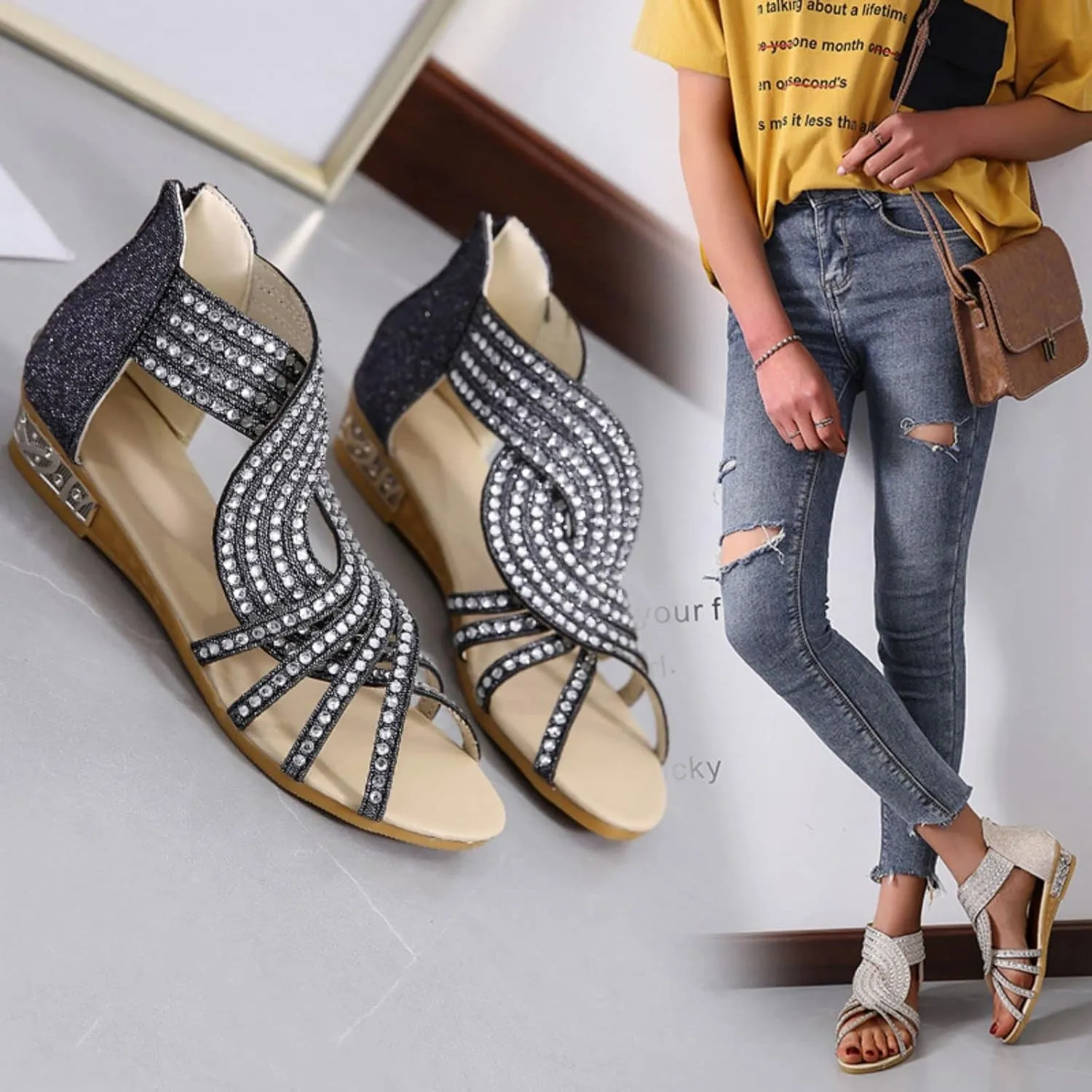 Comfort Wedge Slide Sandals Open Toe Low Heel Non-Slip Gladiator Zipper Back Flat Sandal Dressy Hollow Out Casual Beach Roman Retro Rhinestone Trendy Travel Going Thong T Strap Slip-On Shoes