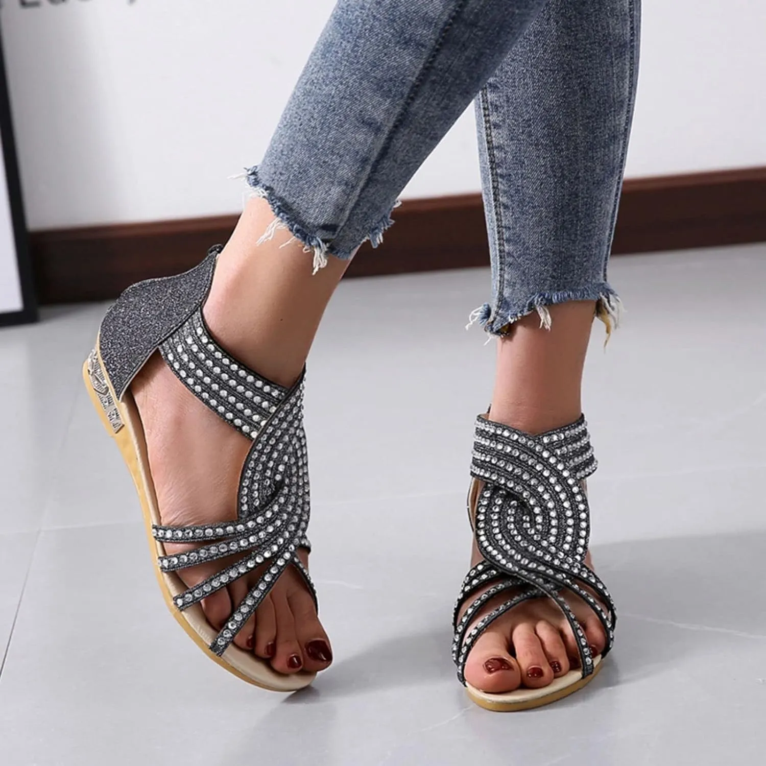 Comfort Wedge Slide Sandals Open Toe Low Heel Non-Slip Gladiator Zipper Back Flat Sandal Dressy Hollow Out Casual Beach Roman Retro Rhinestone Trendy Travel Going Thong T Strap Slip-On Shoes
