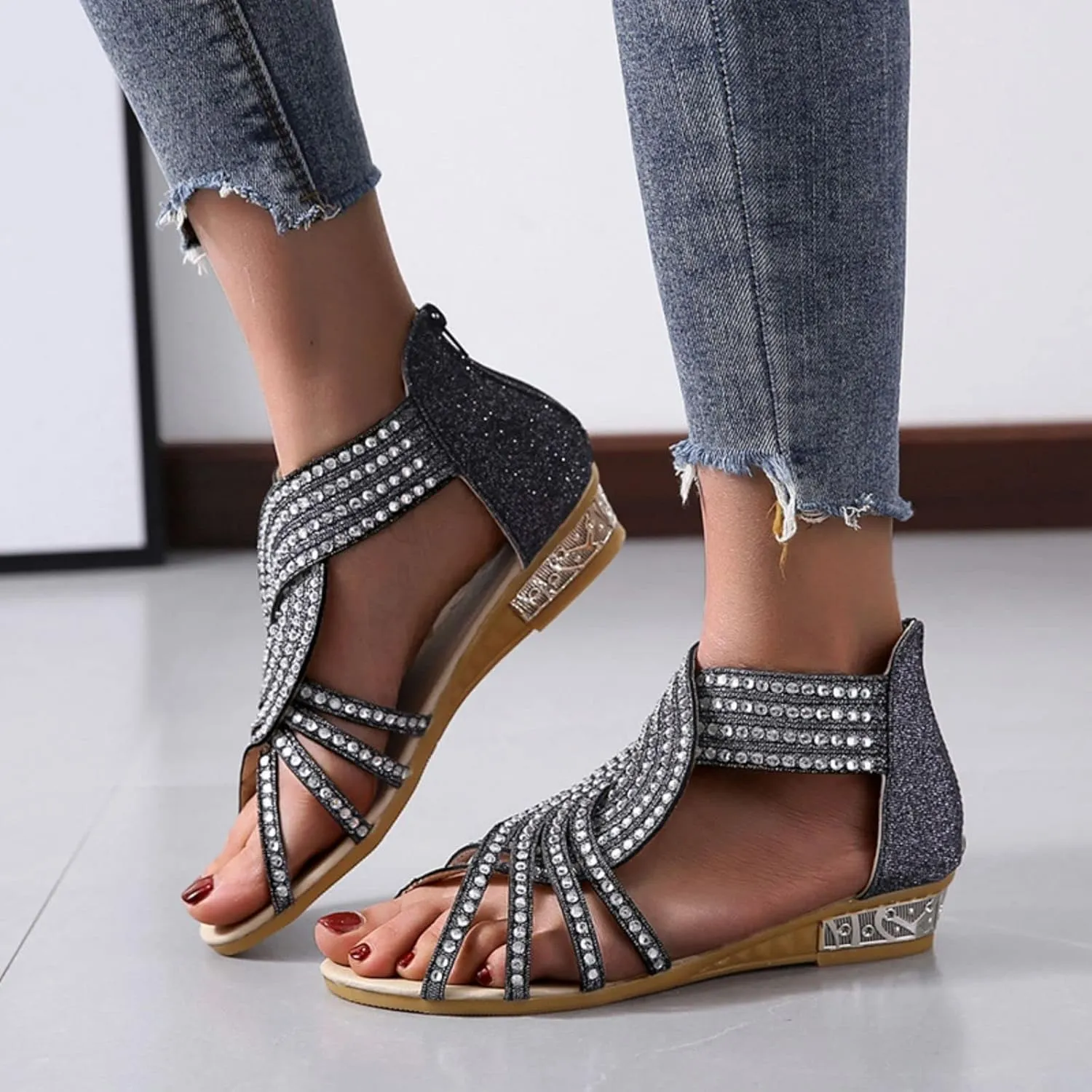 Comfort Wedge Slide Sandals Open Toe Low Heel Non-Slip Gladiator Zipper Back Flat Sandal Dressy Hollow Out Casual Beach Roman Retro Rhinestone Trendy Travel Going Thong T Strap Slip-On Shoes