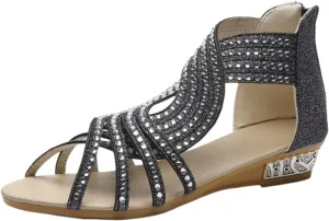 Comfort Wedge Slide Sandals Open Toe Low Heel Non-Slip Gladiator Zipper Back Flat Sandal Dressy Hollow Out Casual Beach Roman Retro Rhinestone Trendy Travel Going Thong T Strap Slip-On Shoes