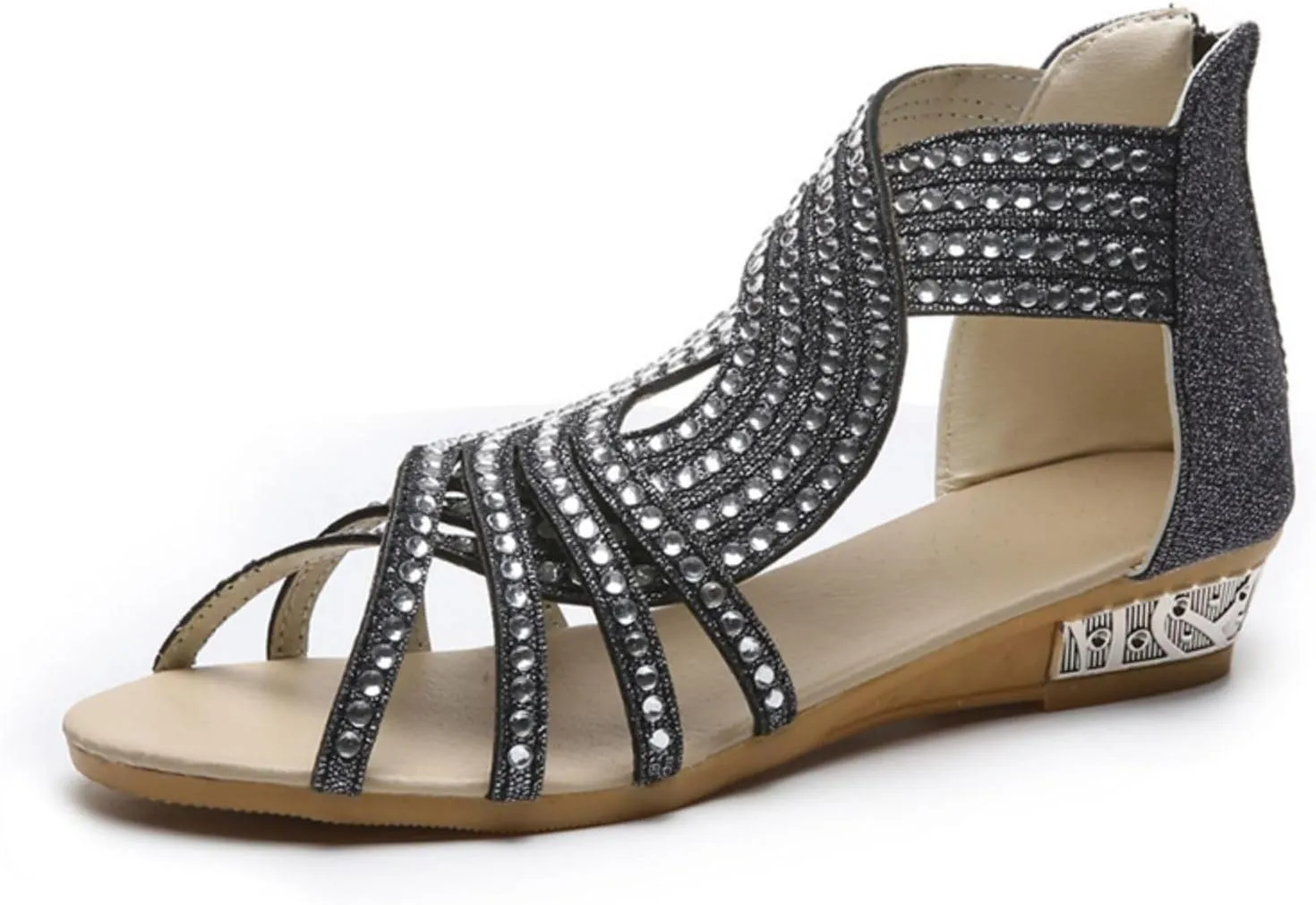 Comfort Wedge Slide Sandals Open Toe Low Heel Non-Slip Gladiator Zipper Back Flat Sandal Dressy Hollow Out Casual Beach Roman Retro Rhinestone Trendy Travel Going Thong T Strap Slip-On Shoes