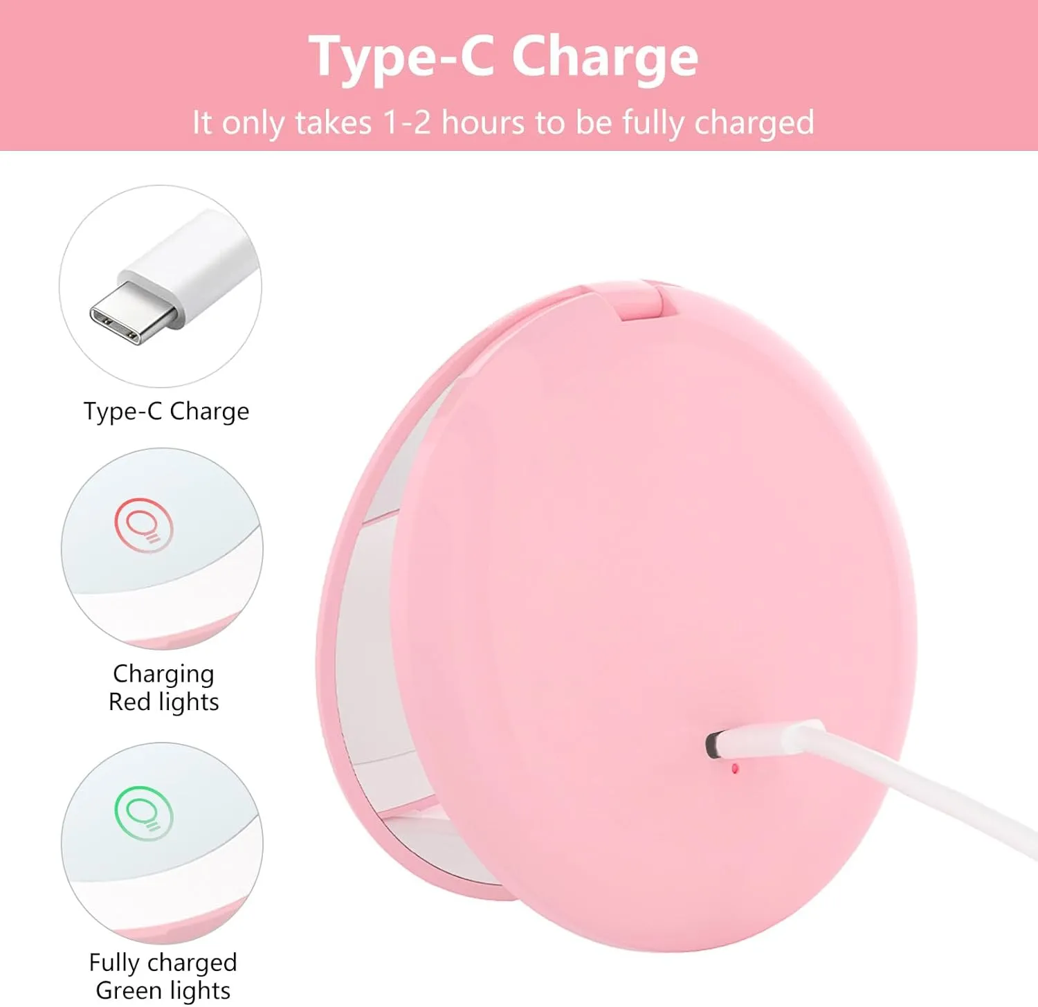 Compact 3.5Inch Travel Makeup Mirror,15X Magnification,Rechargeable, Dual-Sided, LED Lit, Portable Round Makeup Mirror for Women, Students, On-The-Go Beauty(Pink)