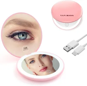 Compact 3.5Inch Travel Makeup Mirror,15X Magnification,Rechargeable, Dual-Sided, LED Lit, Portable Round Makeup Mirror for Women, Students, On-The-Go Beauty(Pink)