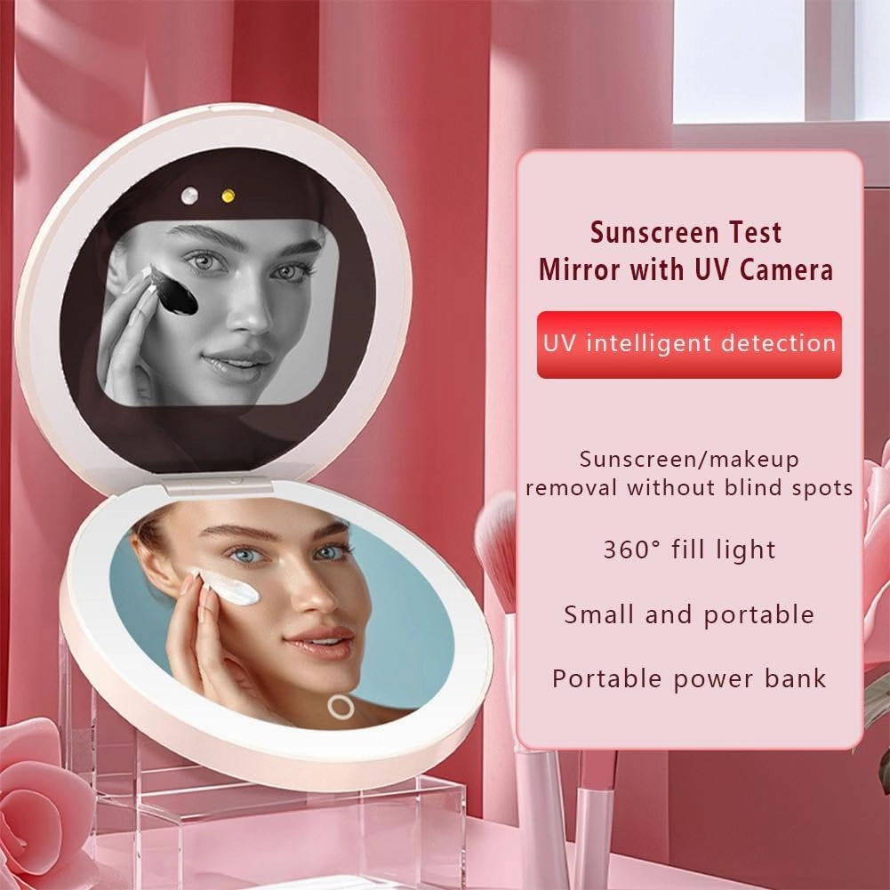 Compact Smart UV Camera UV Mirror for Sunscreen Test,2.8 Inch Travel Makeup Mirror with 360°Fill Lights and Power Bank,Rechargeable Handheld Double-Sided Pocket Mirror for Sun Skin Care (White)
