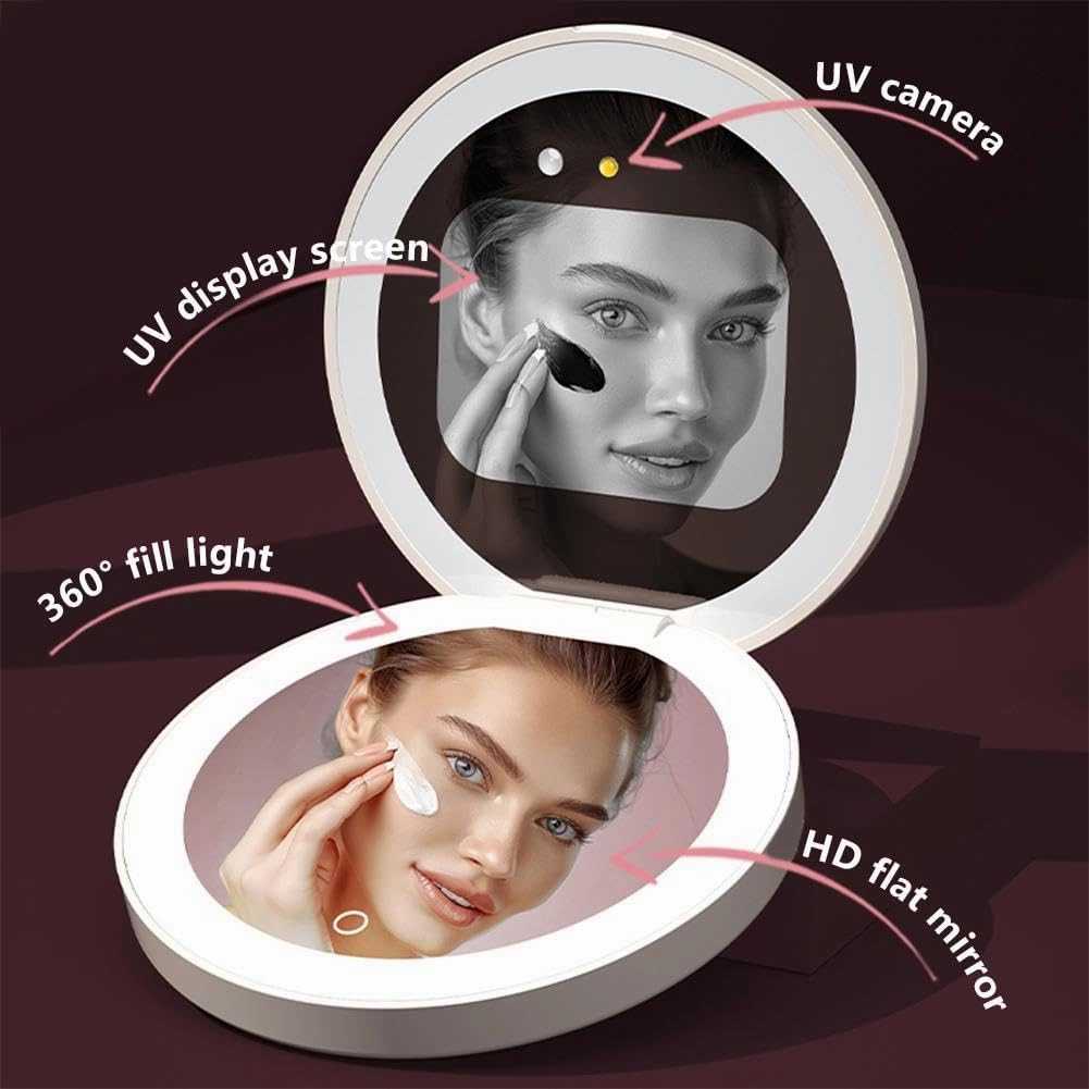 Compact Smart UV Camera UV Mirror for Sunscreen Test,2.8 Inch Travel Makeup Mirror with 360°Fill Lights and Power Bank,Rechargeable Handheld Double-Sided Pocket Mirror for Sun Skin Care (White)