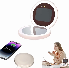 Compact Smart UV Camera UV Mirror for Sunscreen Test,2.8 Inch Travel Makeup Mirror with 360°Fill Lights and Power Bank,Rechargeable Handheld Double-Sided Pocket Mirror for Sun Skin Care (White)