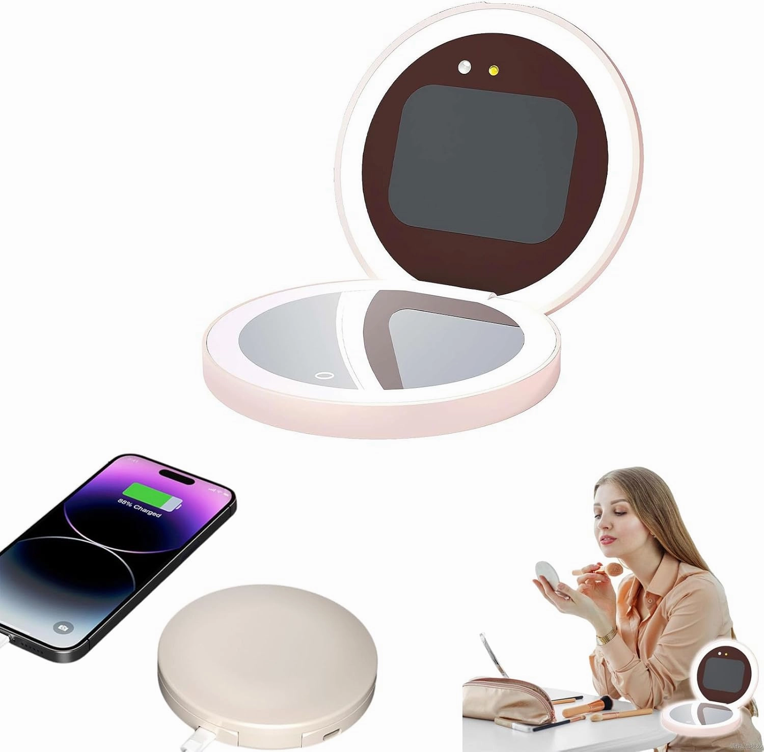 Compact Smart UV Camera UV Mirror for Sunscreen Test,2.8 Inch Travel Makeup Mirror with 360°Fill Lights and Power Bank,Rechargeable Handheld Double-Sided Pocket Mirror for Sun Skin Care (White)