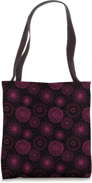 Concentric Geometric Medallion Circle Pattern Pink on Black Tote Bag