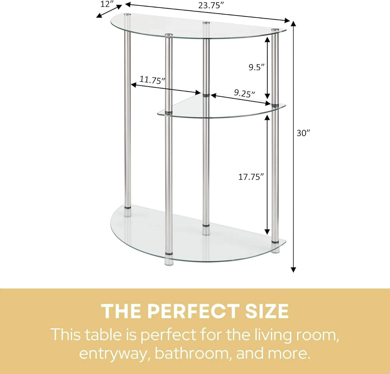 Convenience Concepts Designs2Go Classic Glass 3-Tier Display Entryway Table 23" - Modern Display Table with Storage Shelves, Narrow Entryway Hall Table for Living Room, Bedroom, Bathroom, Glass/Chrome