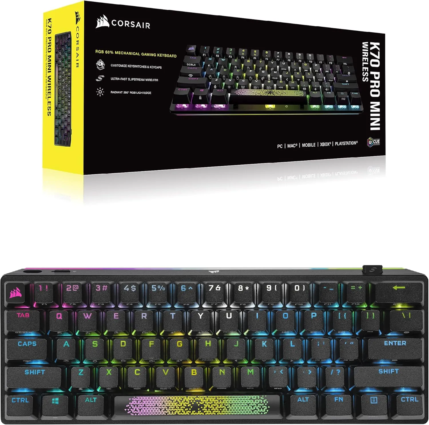 Corsair K70 PRO Mini Wireless RGB 60% (CH-9189010-NA) Mechanical Gaming Keyboard (Fastest Sub-1ms Wireless, Swappable Cherry MX Red Keyswitches) QWERTY, NA Layout - Black (Renewed)