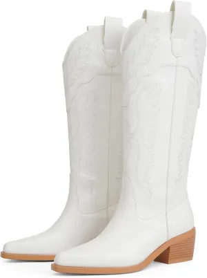 Cowboy Boots for Women Mid Calf Womens Cowgirl Boots for Girls Pointed Toe Slip on Chunky Heel Western Boot