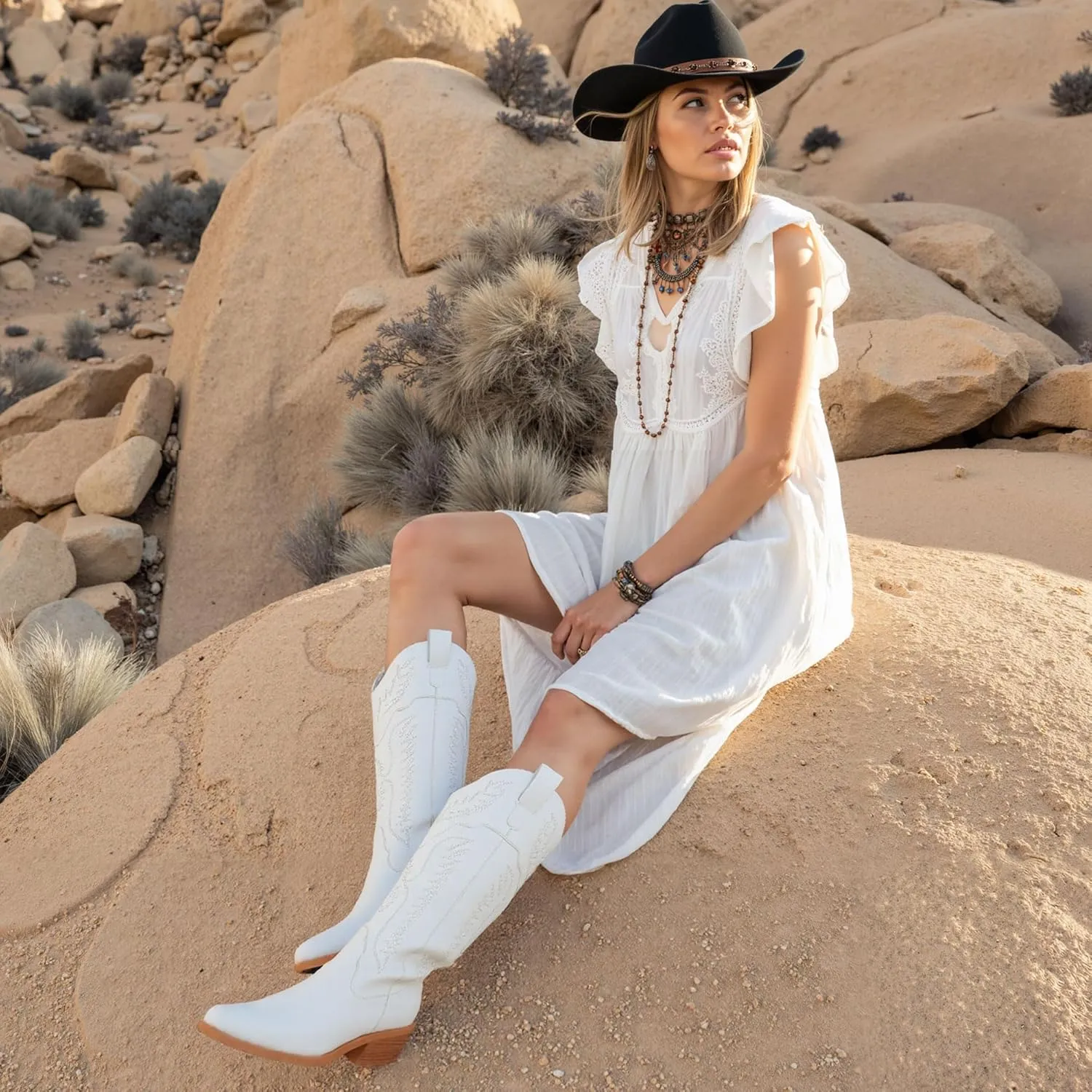 Cowboy Boots for Women Mid Calf Womens Cowgirl Boots for Girls Pointed Toe Slip on Chunky Heel Western Boot