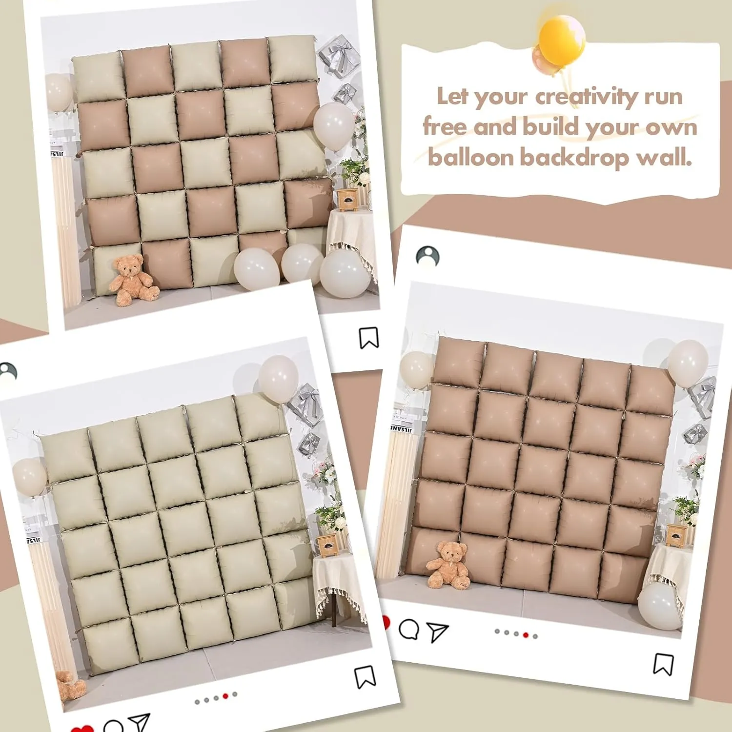 Cream Square Foil Balloon Wall, 25 PCS Double Sided Khaki Apricot Mylar Balloons Matte Beige Nude Balloon Backdrop for Baby Shower Decoration Wedding Boho Birthday Party Decoration
