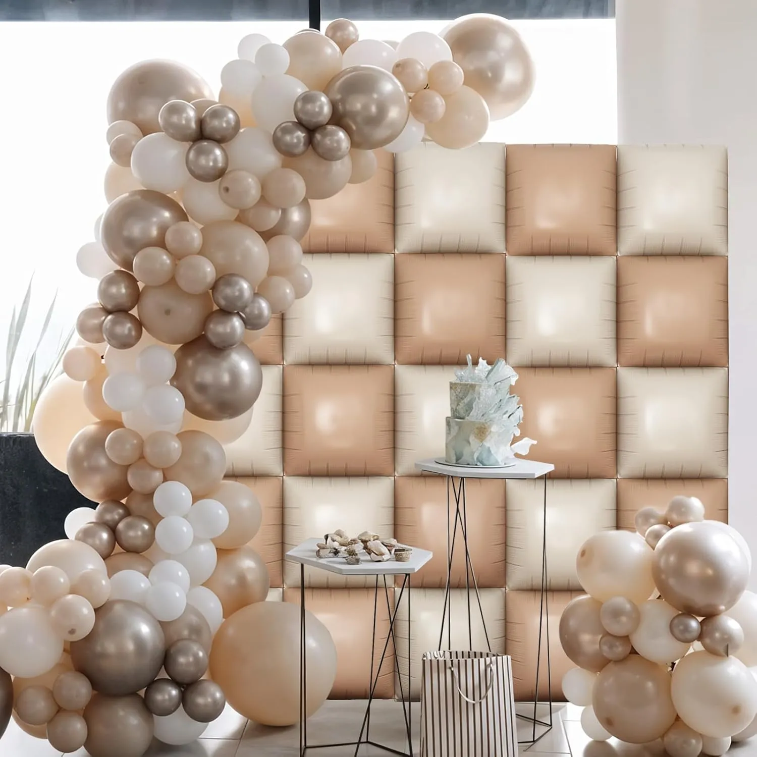 Cream Square Foil Balloon Wall, 25 PCS Double Sided Khaki Apricot Mylar Balloons Matte Beige Nude Balloon Backdrop for Baby Shower Decoration Wedding Boho Birthday Party Decoration