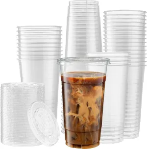 Crystal Clear PET Cups With Flat lids for Iced Coffee,Milkshake, Cold Drinks, Slush Cups, Smoothy's, Slurpee, Ice cream, Dessert, Party's, Plastic Disposable Cups (50, 32 oz)
