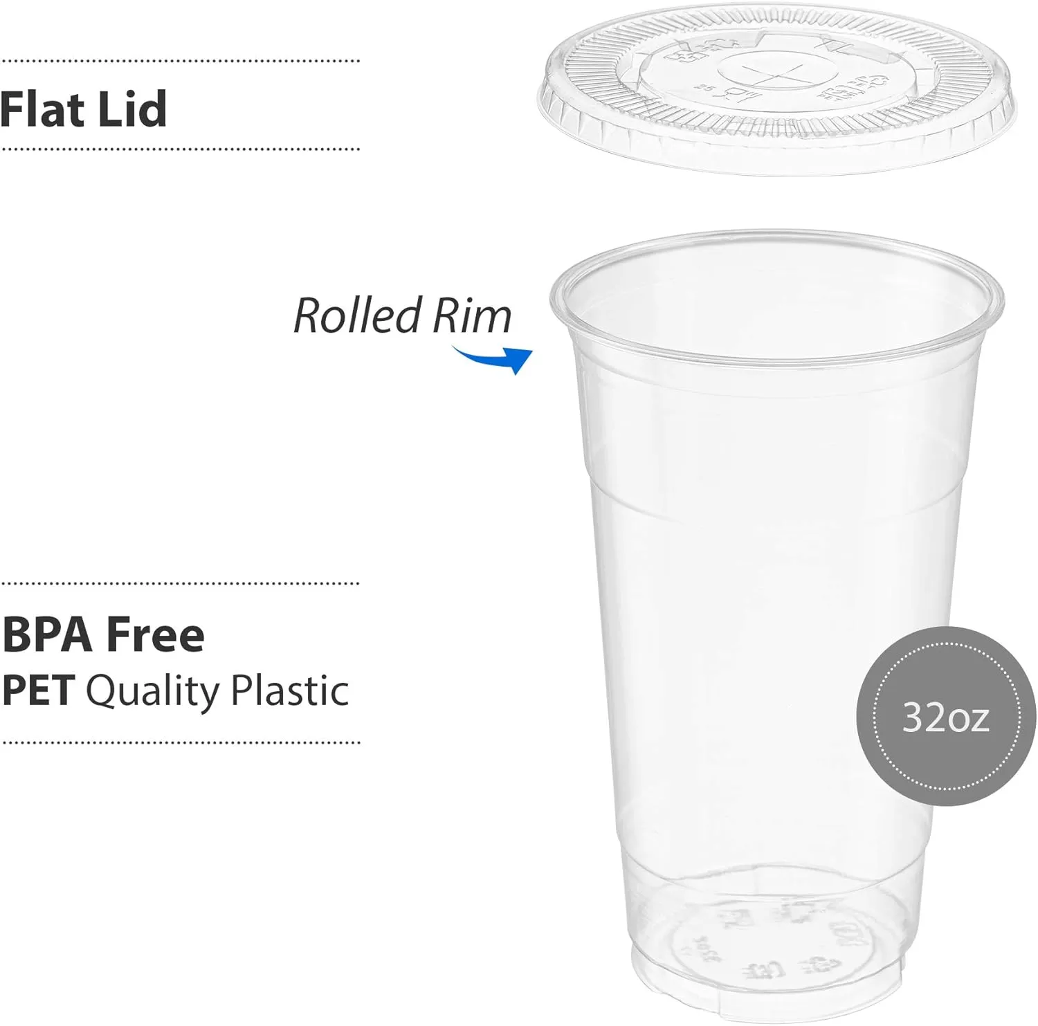 Crystal Clear PET Cups With Flat lids for Iced Coffee,Milkshake, Cold Drinks, Slush Cups, Smoothy's, Slurpee, Ice cream, Dessert, Party's, Plastic Disposable Cups (50, 32 oz)