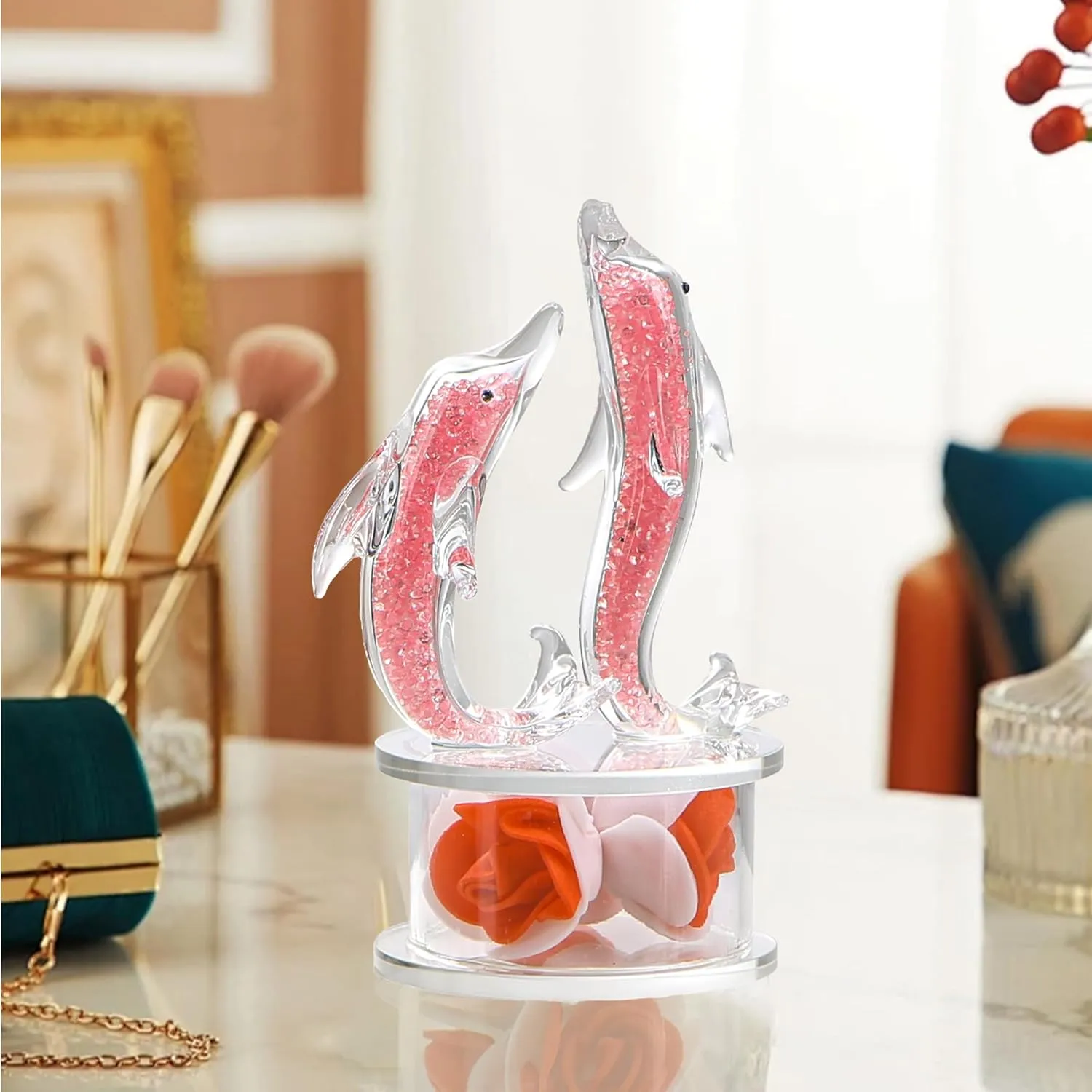 Crystal Dolphin Figurines for Women Men,Handcrafted Glass Animals Figurines for Desk Home Decor,Valentines Day Dolphin Gift for Women Girlfriend Wife(Pink)