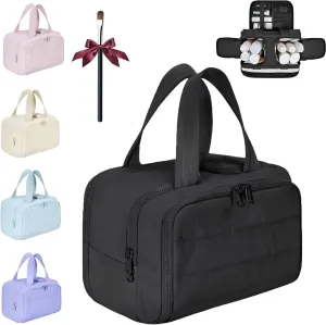 Cureaway Travel Cosmetic Bag, Large Capacity Wide-Open Travel Cosmetic Bag, Waterproof Portable Pouch with 4 Compartments, Toiletry Bags for Women (Black)