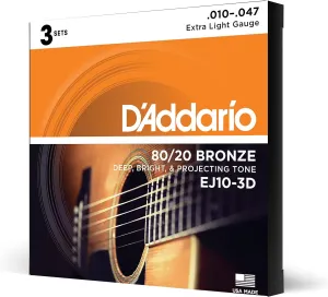 D'Addario Acoustic Guitar Strings - 80/20 Bronze - For 6 String Guitars - Deep, Bright, Projecting Tone - EJ10-3D - Extra Light, 10-47 - 3-Pack
