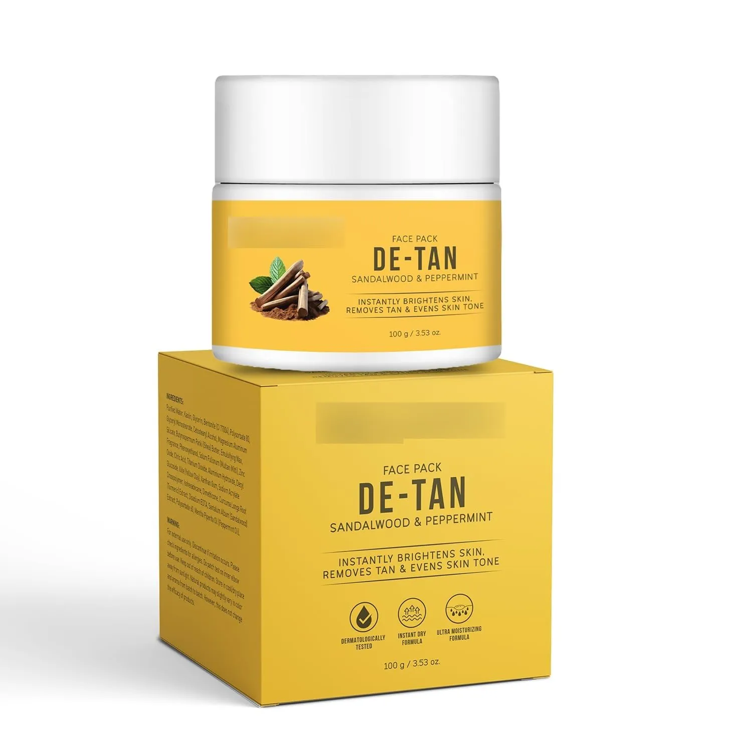 De-Tan Face Pack | Enriched with Multani Mitti, Kaolin Clay, Yellow Clay & Sandalwood | Removes Tan, Brightens & Evens Skin Tone | For All Skin Types | Dermatologically Tested | 100 g