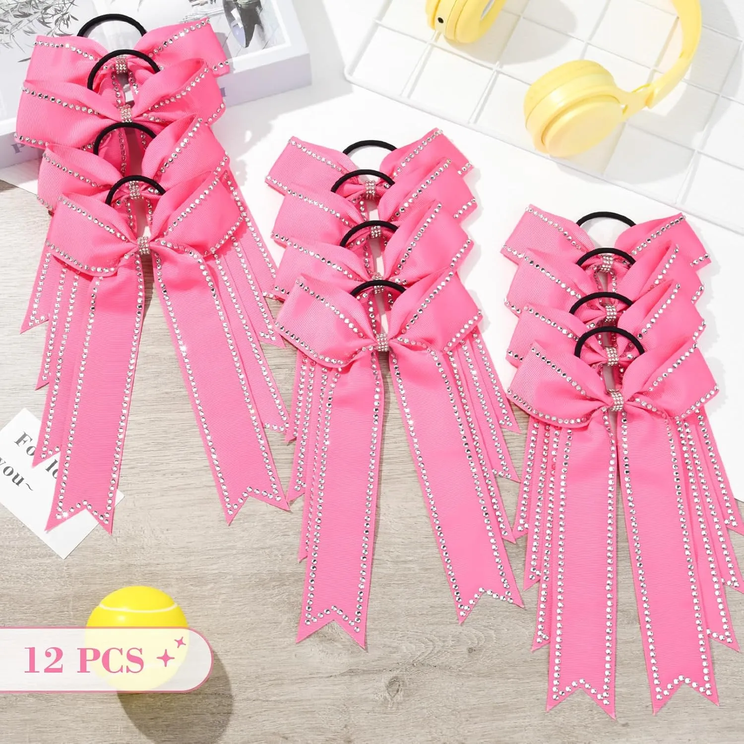 DEEKA Long Tail Rhinestones Cheer Bow 12 PCS Collegiate Style Full Rhinestone Skinny Ponytail Holder Handmade for Girls Teens Cheerleader Sports (Hot Pink)