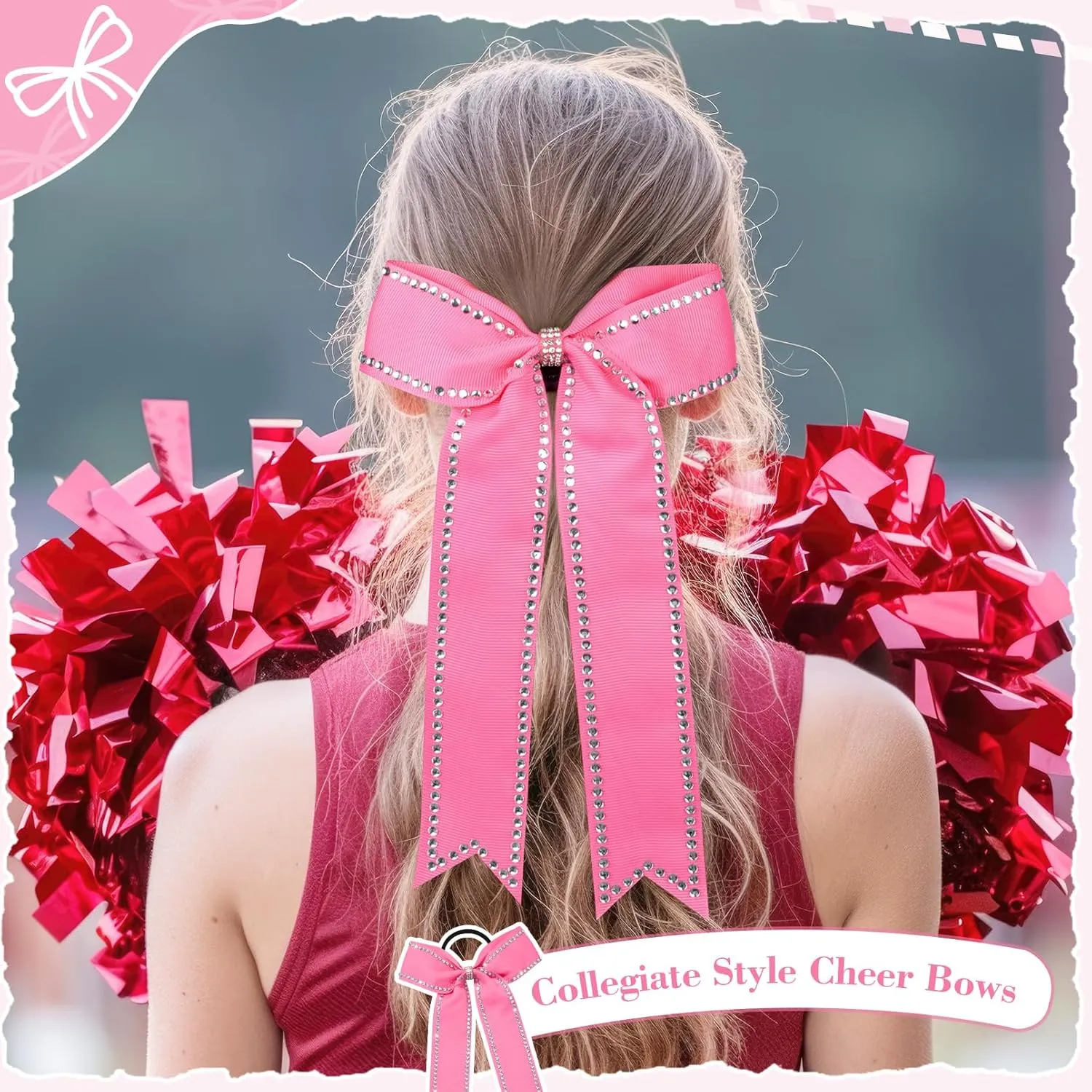 DEEKA Long Tail Rhinestones Cheer Bow 12 PCS Collegiate Style Full Rhinestone Skinny Ponytail Holder Handmade for Girls Teens Cheerleader Sports (Hot Pink)