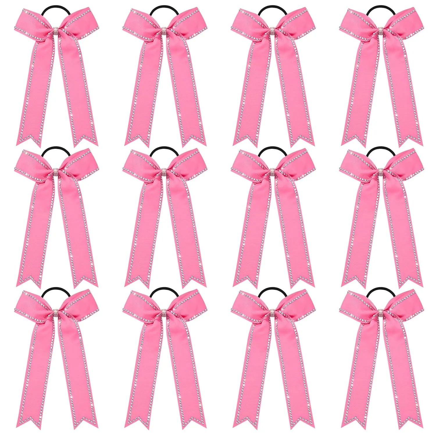 DEEKA Long Tail Rhinestones Cheer Bow 12 PCS Collegiate Style Full Rhinestone Skinny Ponytail Holder Handmade for Girls Teens Cheerleader Sports (Hot Pink)